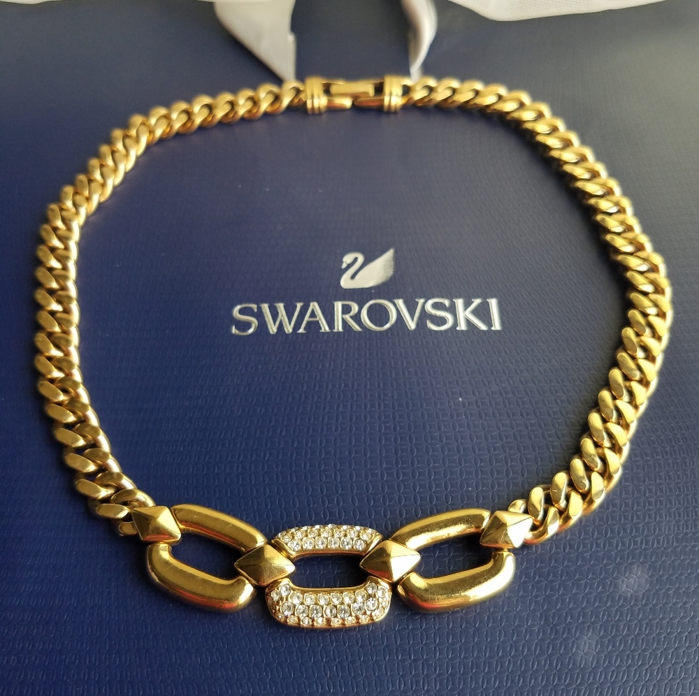AUTHENTIC Swarovski 18k Gold Plated Chunky Chain Vintage Link Necklace - Picture 16 of 17